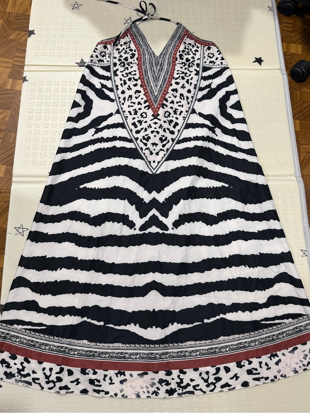 Black & White Zebra Print Maxi Dress with Red Accent